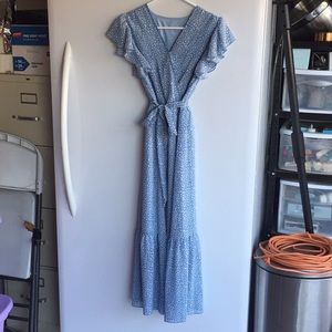 Long Blue Dress White Animal Print Ruffle Sleeves